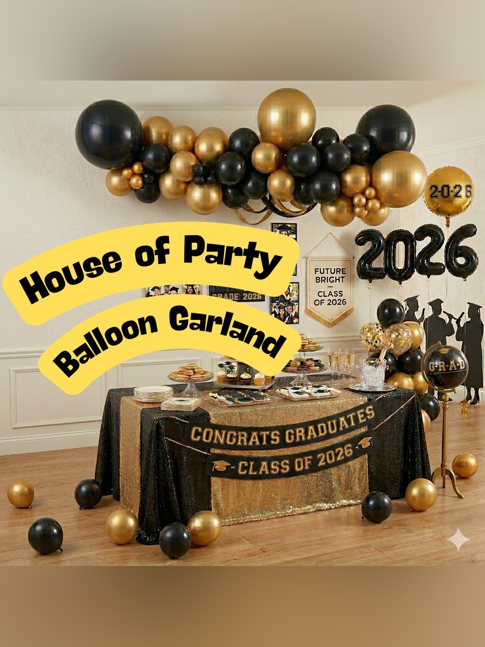 HOUSE OF PARTY Black & Gold Balloon Garland Kit Baby Shower Graduation
